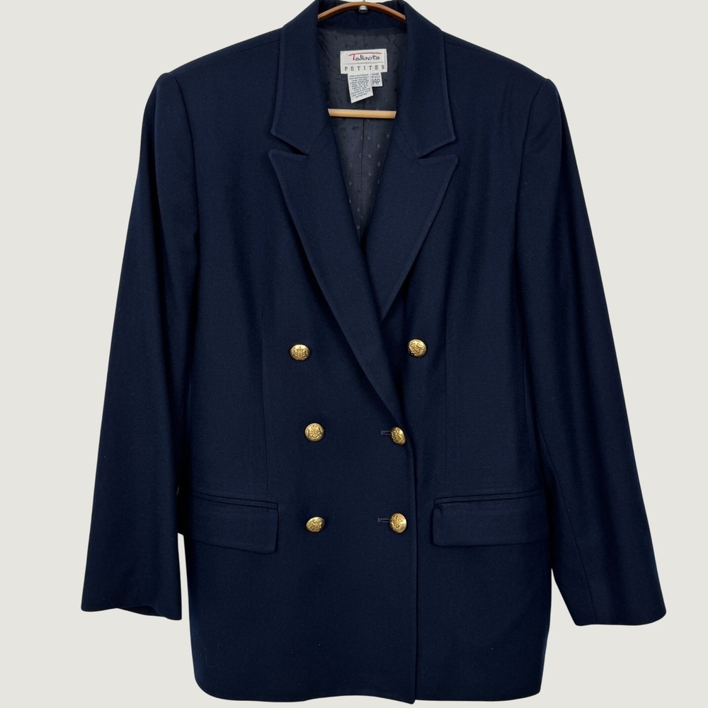 Vintage Talbots Navy 100% Worsted Wool Double Breasted Blazer Gold Buttons 14P